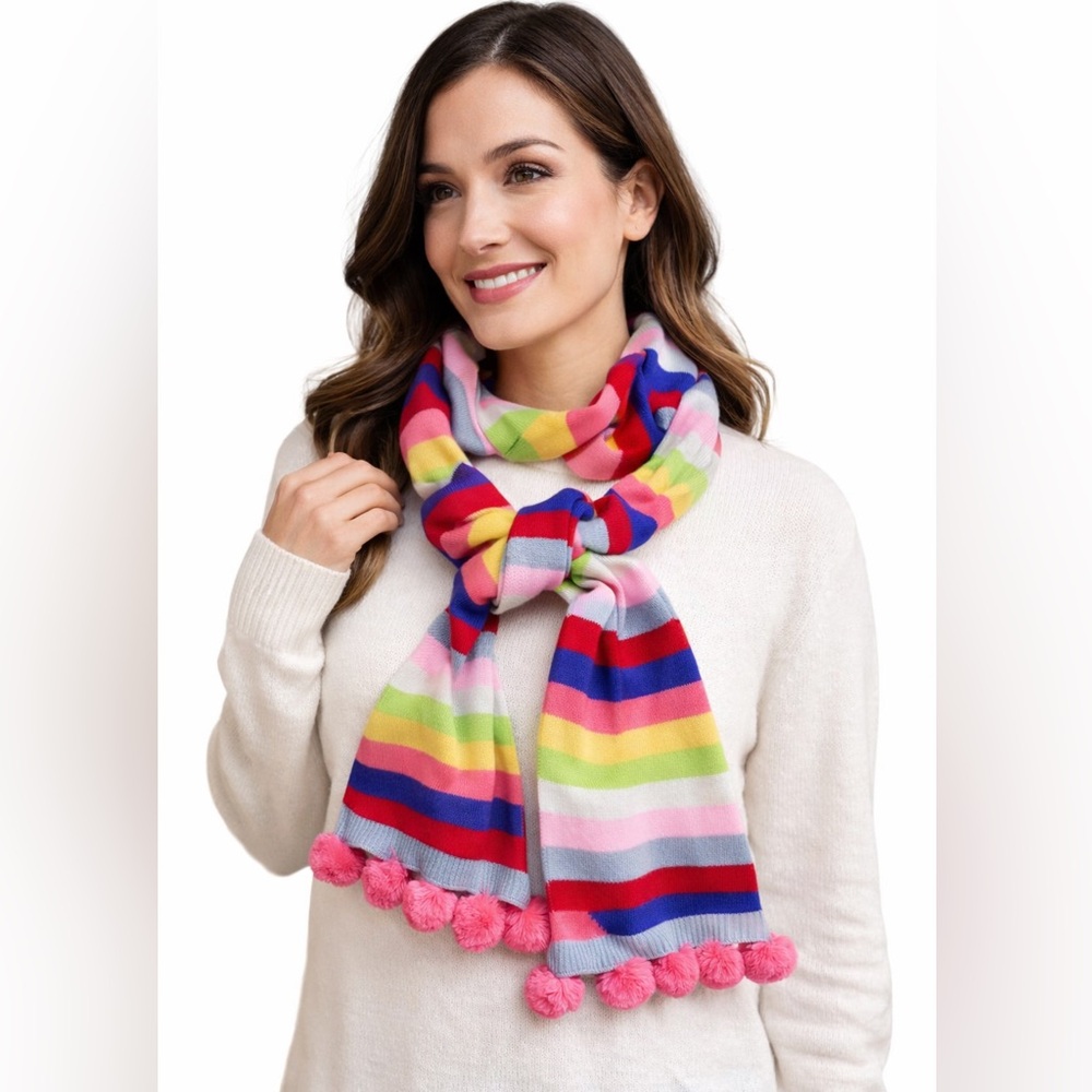 Talbots Colorful Striped Pom Pom Scarf NWT